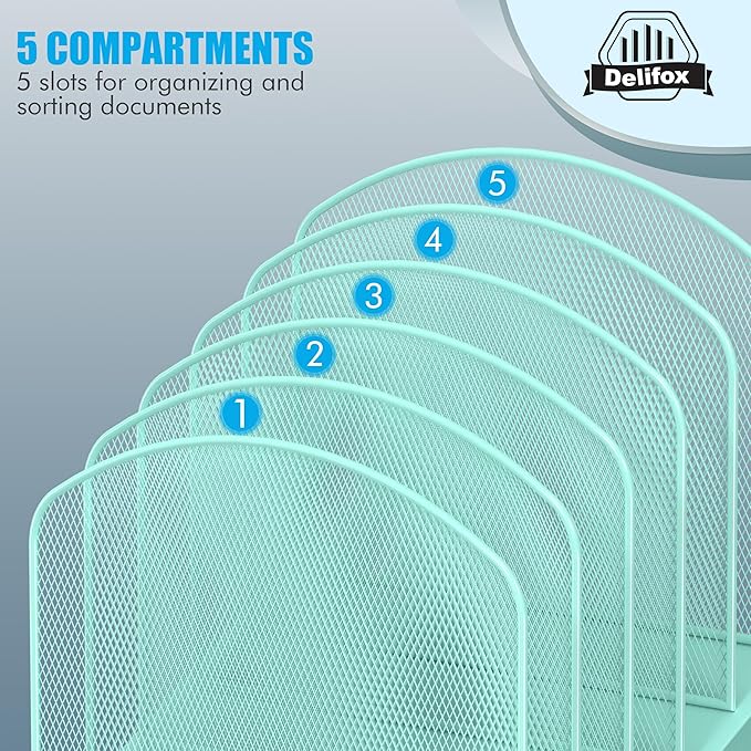 Inclined Desk File Organizer, 5-Section Vertical File Folder Holder Stand Metal Rack File Sorter for Office Classroom Desktop Organization
