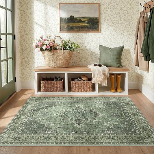 RELEANY Area Rugs 3'x5' Washable Non-Slip, Floral Vintage Distress Medallion Carpet for Living Room Bedroom Dining Room, Dark Green Gray
