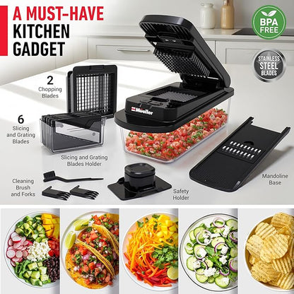 MUELLER HOME Pro-Series 10-in-1, 8 Blade Vegetable Chopper, Mandoline Slicer, Onion Mincer, Cutter, Dicer, Veggie Chopper with Container, Kitchen Essentials, House Warming Gifts New Home, Black