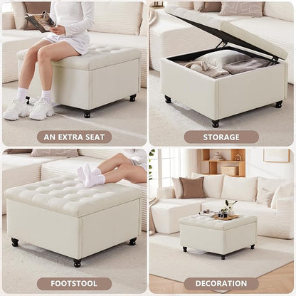 Weture 30 Inch Large Square Storage Ottoman Coffee Table, Oversized Square Ottoman with Storage, Tufted Upholstered Coffee Tables for Living Room (Fabric, Beige)