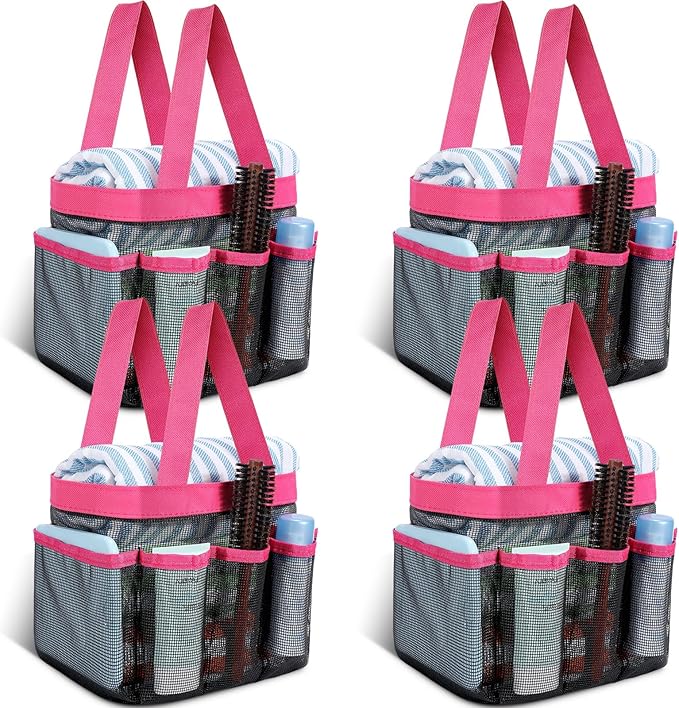 Hillban 4 Pcs Mesh Shower Caddy Portable Shower Caddy for Dorm Beach Mesh Bags with Deeper 8 Pockets and Handles Showers Caddies Basket for Women College Room Vacation(Rose Red)