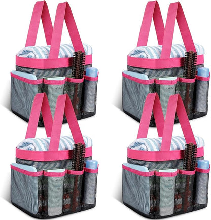 Hillban 4 Pcs Mesh Shower Caddy Portable Shower Caddy for Dorm Beach Mesh Bags with Deeper 8 Pockets and Handles Showers Caddies Basket for Women College Room Vacation(Rose Red)