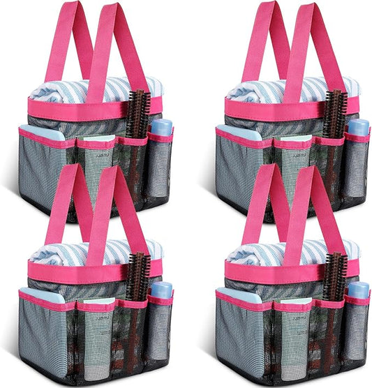Hillban 4 Pcs Mesh Shower Caddy Portable Shower Caddy for Dorm Beach Mesh Bags with Deeper 8 Pockets and Handles Showers Caddies Basket for Women College Room Vacation(Rose Red)