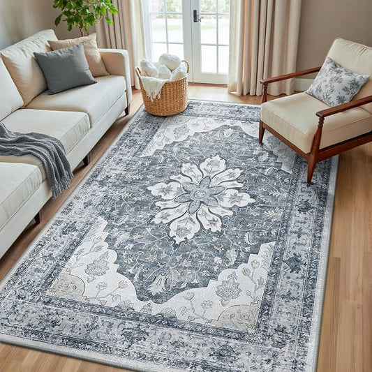 RELEANY Area Rugs 5'x8' Washable Non-Slip, Floral Vintage Distress Medallion Carpet for Living Room Bedroom Dining Room, Light Gray Grey White