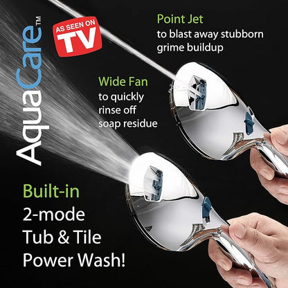 Hotel Spa AquaCare High Pressure 8-Mode Handheld Shower Head - Anti-clog Nozzles, Built-in Power Wash to Clean Tub, Extra Long 6 ft. Stainless Steel Hose, Wall & Overhead Brackets