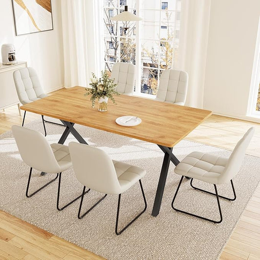 HIPIHOM 7-Piece Dining Table Set for 6 People, 63" MDF Kitchen Table with 6 Upholstered Chairs, Metal Legs for Dining Room, Kitchen(Oak Table+6 U-Shaped White Chairs)