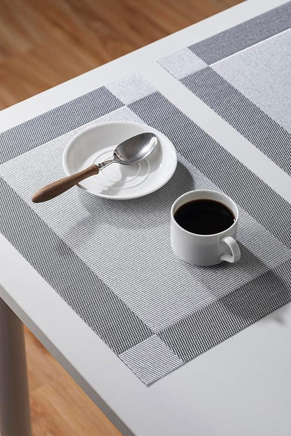 LEXMORE Placemats Set of 8 Vinyl/Plastic Woven Place Mats for Kitchen Table Indoor/Outdoor Washable Placemat Wipeable Dining Table Mats(Silver Cube)
