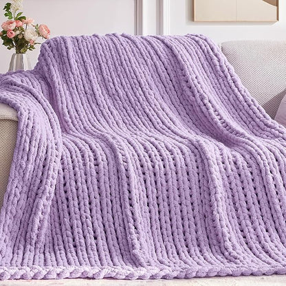Negwoo Chunky Knit Throw Blanket, 80''*90'' Knitted Throw Chenille Yarn for Bed Couch, Handmade Light Purple Crochet Big Thick Blanket, Machine Washable Cute Comfy Blanket for Home Decor