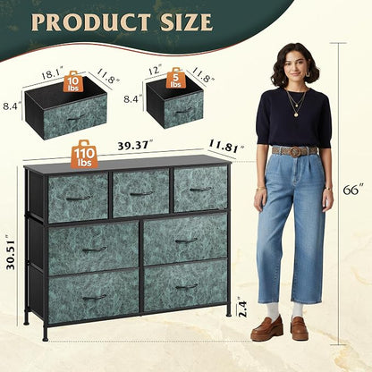 WLIVE 7 Drawer Dresser TV Stand, Entertainment Center, Media Console Table with Metal Frame and Wood Top for TV up to 45 inch, Chest of Drawers for Bedroom, Living Room, Vintage Green