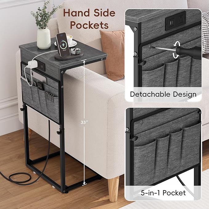 Vagusicc C-Shaped End Table Set of 2 with Charging Station, C Table End Table Adjustable Height Side Table for Couch, Slide Under Sofa Table TV Tray Tables for Living Room,Bedroom,Bedside, Gray Walnut