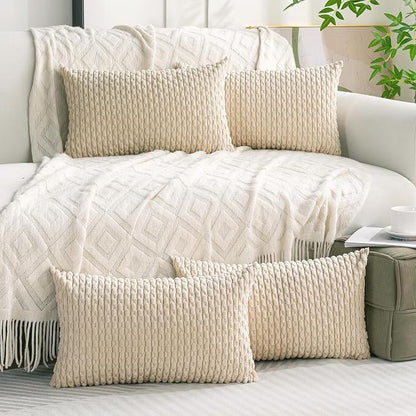 Set of 4 Beige Decorative Throw Pillow Covers 12x20 Inch Corduroy Pillow Covers for Bed Couch Sofa Living Room Soft Cushion Cases