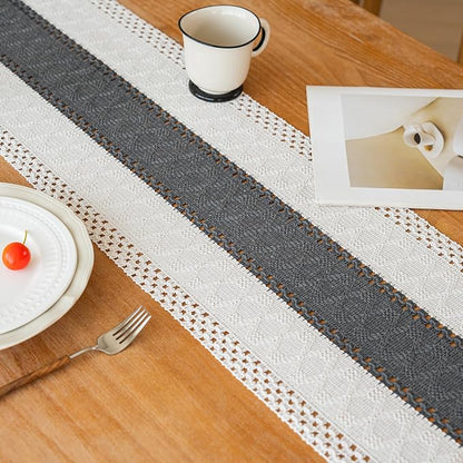 FEXIA Boho Table Runner for Summer Home Decor with Tassels 72 Inches Long Farmhouse Grey Rustic Burlap Table Runner Macrame Table Decoration for Kitchen Bedroom Living Room (12x72 Inches)