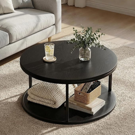 YESHOMY 36" Round Coffee Table, 2-Tier Wood Center Table with Storage Shelf, Heavy-Duty Metal Frame, Easy Assembly, Ideal for Living Room & Small Spaces, Black
