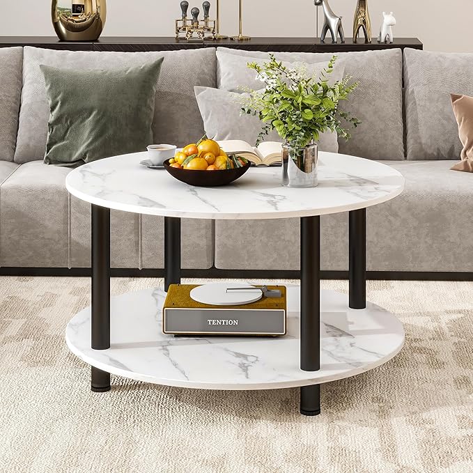 23.6" Round Coffee Table, 2-Tier Small Circle Coffee Table with Storage, Modern Center Accent Table with Metal Frame, Side Table End Table for Small Space, Living Room, Office, White