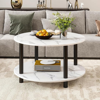 23.6" Round Coffee Table, 2-Tier Small Circle Coffee Table with Storage, Modern Center Accent Table with Metal Frame, Side Table End Table for Small Space, Living Room, Office, White
