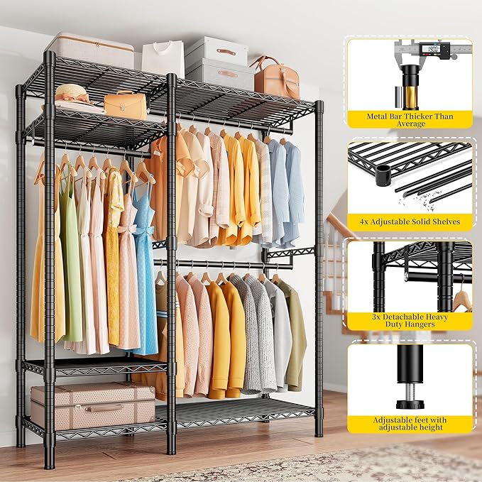 Raybee Clothes Rack Heavy Duty Loads 780LBS Clothing Racks for Hanging Clothes Adjustable Metal Portable Closet,45.5" W x 77" H x16.5 D Black