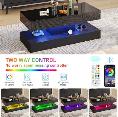 Uspeedy 47.3in Large High Glossy LED Coffee Table with 2 Storage Drawers,Black/White Modern Coffee Tables for Living Room,Living Room Tables,APP LED Lights (Black)