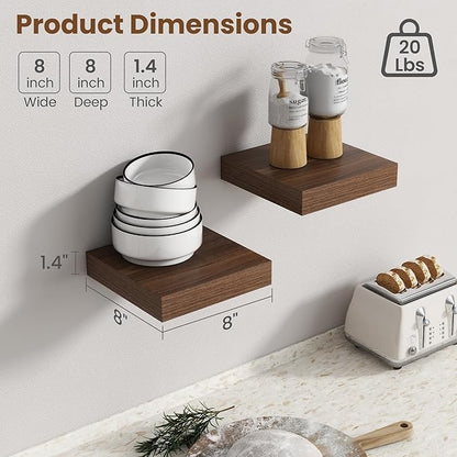 Axeman Square Floating Shelves for Wall, 8" W x 8" D x 1.4" H Rustic Wooden Wall Shelves, 4 Pack Wall Mounted Floating Shelf with Invisible Brackets for Living Room, Bathroom, Kitchen, Walnut Color