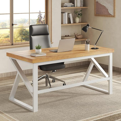 IBF 47”Solid Real Wood Desk, Minimalist Natural Wood Computer Desk, Rustic Desk for Home Office Writing Study, Vintage Industrial Wooden PC Gaming Workstation Computer Table, Natrual Oak