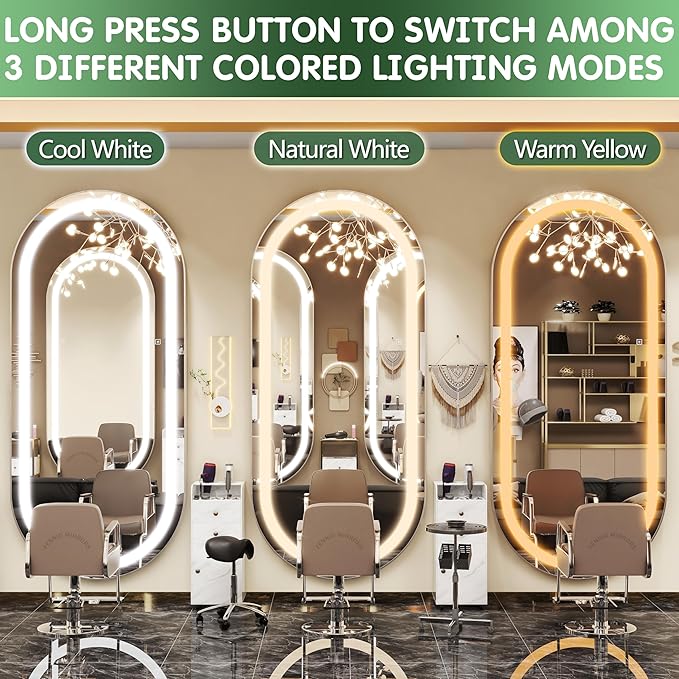 FENNIO Full Length Mirror with Lights, 80" x 36" LED Full Body Mirror, Wall Mounted Hanging Mirror with Lights for Bedroom, Salon, Dimmable & 3 Color Lighting, Tempered Glass