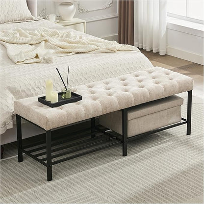 55.5" End of Bed Bench, Modern Chenille Button Tufted Bedroom Bench, Upholstered Storage Shoe Bench with Metal Base, Dinning Table Bench for Living Room, Bedroom, Entryway, Light Brown