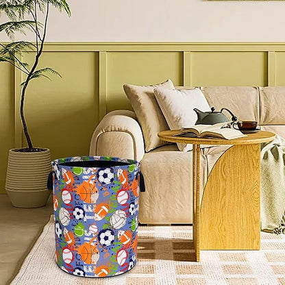 Balls Laundry Basket Funny Ball Sports Foldable Waterproof Oxford Cloth Tote Bag Laundry Hamper Round Large Clothes Storage Bucket Toy Organizer For Bathroom/Laundry Storage/Bedroom 18.9x16.5 Inch