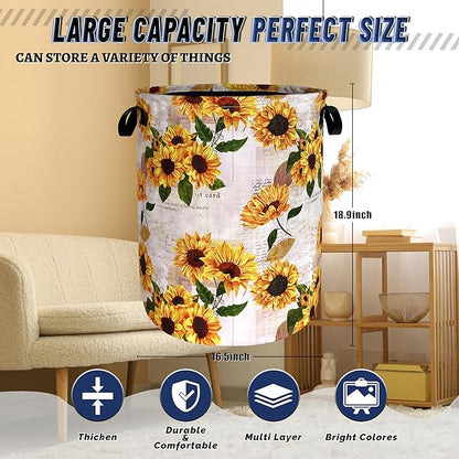 Vintage Sunflowers Laundry Basket Oxford Cloth Foldable Yellow Floral Laundry Hamper With Handle Portable Clothes Storage Organizer Basket 18.9x16.5 Inch Laundry Bag For Laundry Room/Bedroom/Bathroom