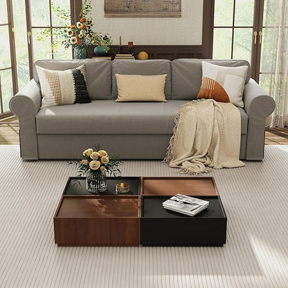 Coffee Table with Storage,Modern Center Table with 4 Hidden Drawers for Living Room,Rectangle Coffee Table for Home Furniture,Bedroom,Dark Walnut and Black