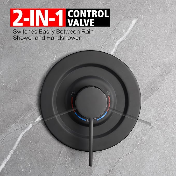 sumerain Matte Black Shower System, Handheld Showerhead with Filters for Hard Water, 9" High Pressure Multiple Modes Rain Shower Head, Valve Included