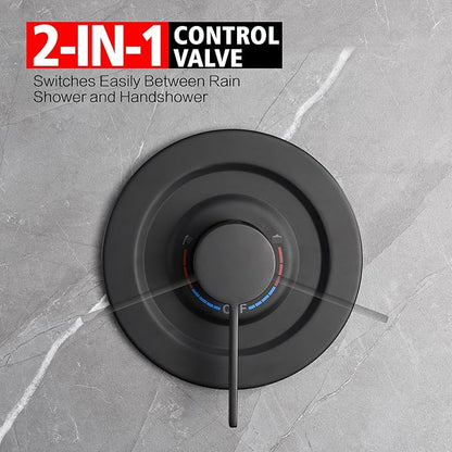 sumerain Matte Black Shower System, Handheld Showerhead with Filters for Hard Water, 9" High Pressure Multiple Modes Rain Shower Head, Valve Included