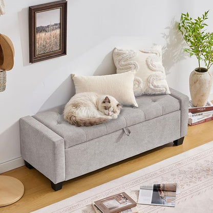 Huatean Home 43" Ottoman with Storage, Storage Ottoman Bench with Safety Hinge, Upholstered Entryway Bench with Seating for Bedroom, Living Room, Holds up to 330 lb(Light Gray)