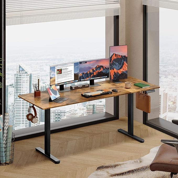DEVAISE 71 * 28 Inches Electric Standing Desk, Dual Motors for Quite Adjustment，3 Memory Preset Adjustable Stand up Desk, Computer Desk Sit to Stand Desk for Home Office (Rustic Brown)