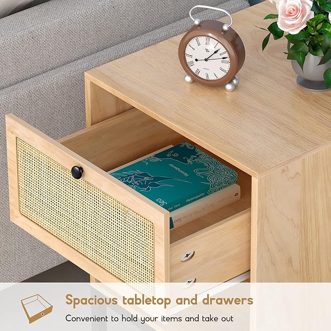 XIAO WEI Natural Rattan Nightstand Set of 2, Boho Night Stand with Drawer and Open Shelf, Bedside Table Accent Cane End Table Side Table for Bedroom Living Room, Metal Legs/Small/Natural