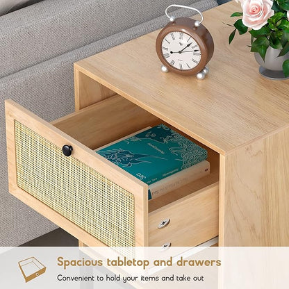 XIAO WEI Natural Rattan Nightstand Set of 2, Boho Night Stand with Drawer and Open Shelf, Bedside Table Accent Cane End Table Side Table for Bedroom Living Room, Metal Legs/Small/Natural