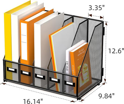 DALTACK 5 Vertical Compartments Magazine File Holder, Binder Organizer, Metal Desk Organizers for Office Home School Classroom Organization, Black