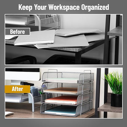 Mind Reader Stackable Paper Tray, Desktop Organizer, File Storage, Office, Metal Mesh, 10.5" L x 13.5" W x 11.25" H, 4 Pcs., Silver
