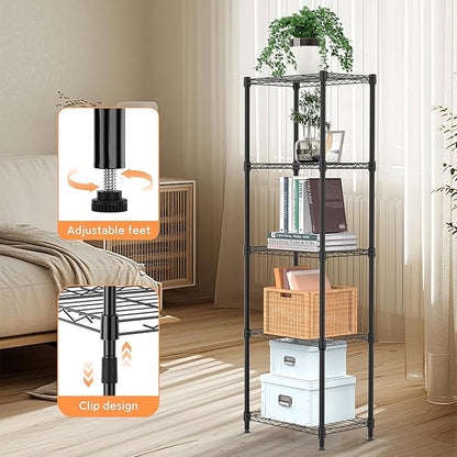 M MZG 5 Tiers Shelf Metal Storage Shelves Wire Rack Closet Organizers with Wheel for Garage Kitchen Bathroom Laundry Black 11.8" D x 17.7" W x 55" H