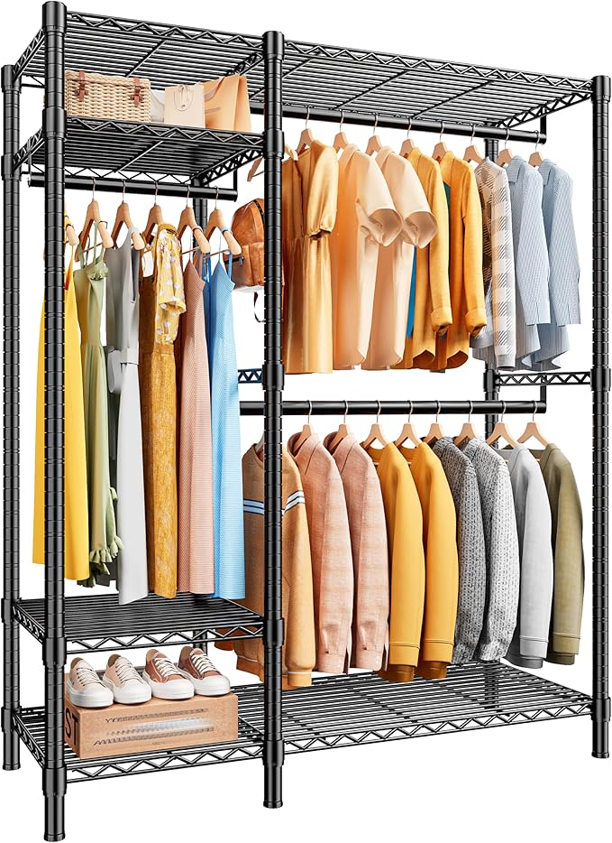 Raybee Clothes Rack Heavy Duty Loads 780LBS Clothing Racks for Hanging Clothes Adjustable Metal Portable Closet,45.5" W x 77" H x16.5 D Black