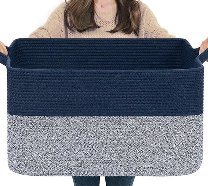 Goodpick Large Blanket Basket 22" x 17" x 12" Woven Storage Baskets for Organizing, Decorative Cotton Rope Basket for Living Room Home Decor, Toy Baskets for Kids, Mixed Blue