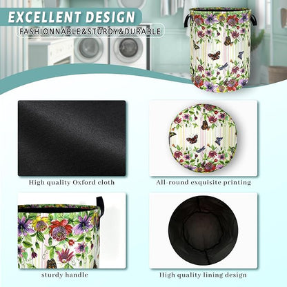Beautiful Flowers Butterfly Laundry Basket Colorful Floral Laundry Hamper Foldable Oxford Cloth Cute Flower Tote Bag Clothes Toy Storage Bucket For Bathroom/Laundry Storage/Bedroom 18.9 x 16.5 Inch