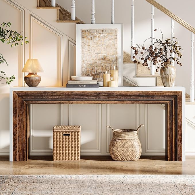 Tribesigns 70.9-Inch Long Console Table, Farmhouse Narrow Wooden Sofa Table Behind The Couch for Living Room, Entryway, Hallway, Foyer, White + Brown