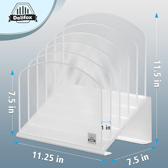 Inclined Desk File Organizer, 5-Section Vertical File Folder Holder Stand Metal Rack File Sorter for Office Classroom Desktop Organization (White, 2Pack)