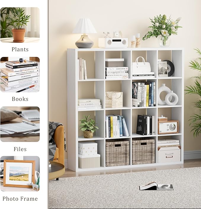 Cube Storage Organizer Bookcase, Decorative 11 inch Open Back Cubical Shelf with Thickened Border, Display Bookshelf for Living Room, Home Office, Sturdy Room (White, 16 Cube)