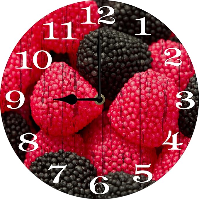 Mulberry Fruit Wall Clock 10 Inch Silent Non Ticking Battery Operated Wooden Modern Office Simple Minimalist Clock Decorative for Kitchen Home Bathroom Living Room