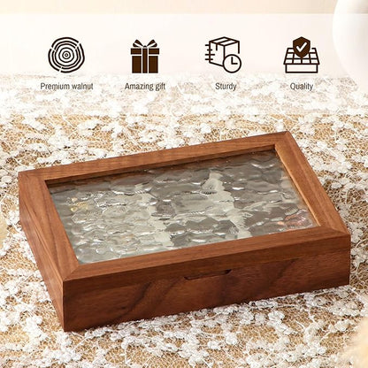 Wooden Jewelry Box for Women, Medium Size Natural Solid Walnut Wood Vintage Trinket Organizer with Large Storage, Ring Compartments, Built in Necklace Hooks, Glass Lid, ek06-m-walnut