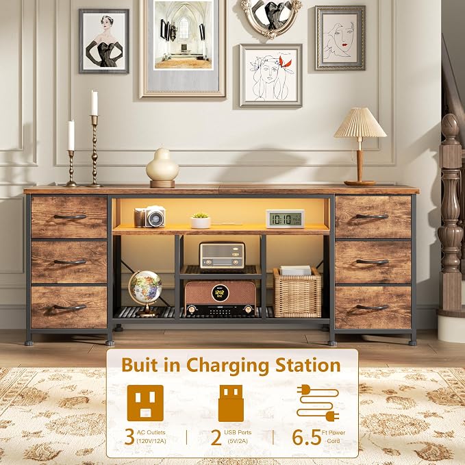 Furologee LED TV Stand for 55, 60 Inch TV, 55 Inch Entertainment Center with Power Outlets, 6 Drawers for Media Console with Open Shelves, Rustic Brown