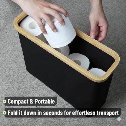 BAMBOO LAND- Toilet Paper Storage with Bamboo Lid for 12 Rolls, Black, Waterproof Bamboo Toilet Paper Holder Basket