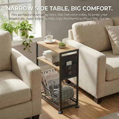 Skinny Side Table with Storage, 3 Tier Slim Side Tables for Small Spaces, Skinny End Table Narrow Bedside Table Narrow Side Table for Living Room, Bedroom