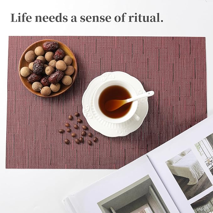Leetaltree Burgundy Placemats Set of 6 - Heat Resistant Non-Slip Place mats for Dining Table, Washable Durable PVC Vinyl Woven Table Mats（Burgundy, 6）