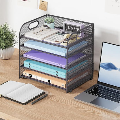 Cawukege 2 Pack 5 Tier Paper Organizer, Letter Tray with Handle, Mesh Desk Organizer, Metal File Organizer, Office Desk Accessories for Home, Office, Classroom, School -Grey